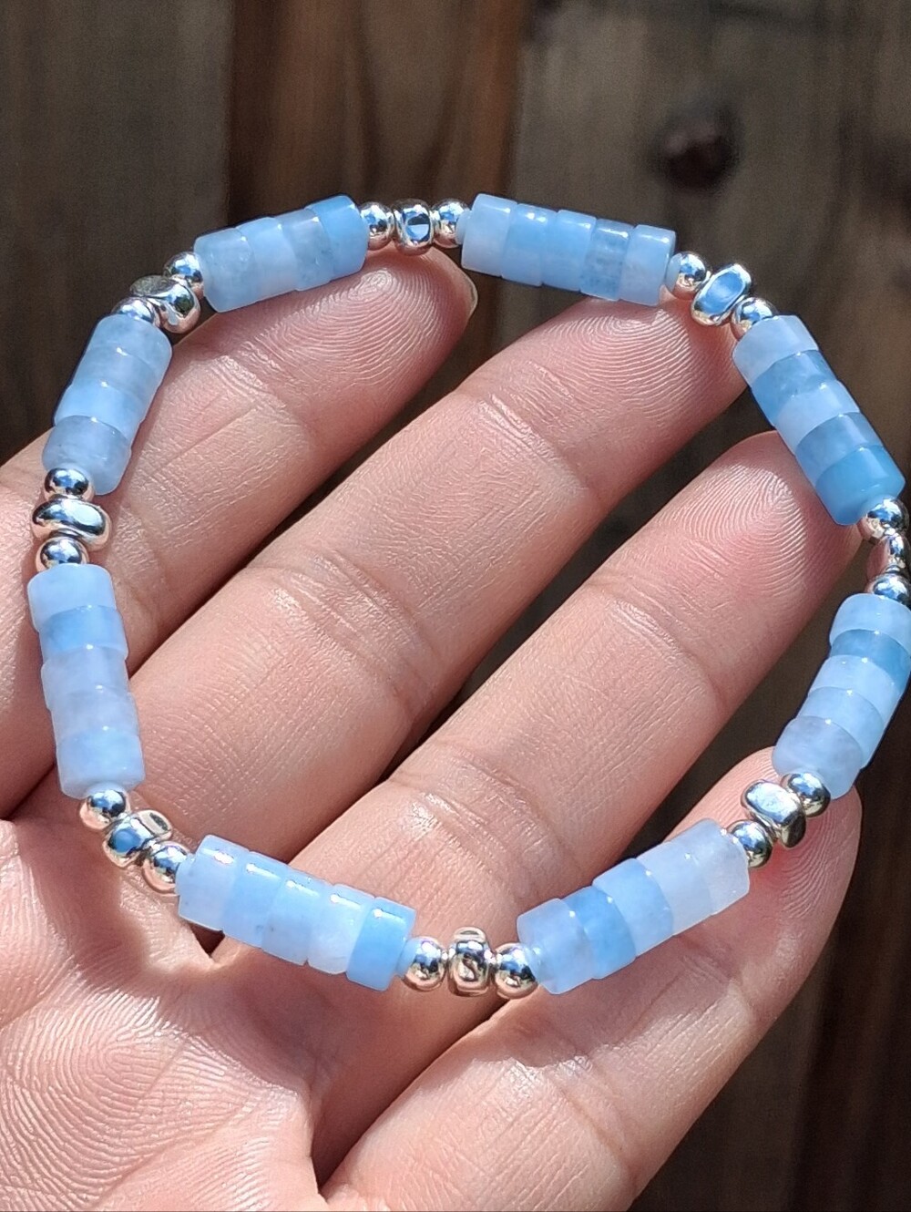 Handmade Light Blue Beaded Stretch Bracelet